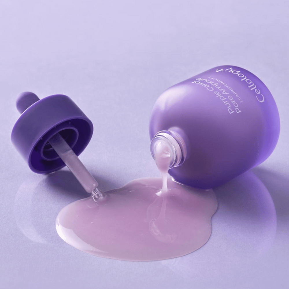 Cellology Purple Carrot Pore Ampoule met pipet en romige serumtextuur voor de verzorging van zichtbare poriën.