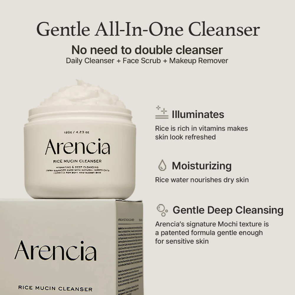 Arencia Rice Mucin Cleanser wordt getoond samen met de verpakking. De tekst benadrukt drie Voordelen: glansgevende met rijstvitaminen, hydraterende met rijstwater en milde diepe reiniging met Mochi-textuur – alles in één product.