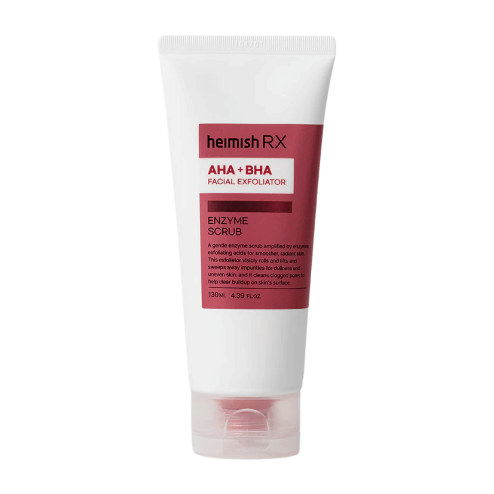 Heimish RX AHA + BHA Enzyme Scrub in een witte tube met rood etiket. Een gezichtsexfoliator die AHA en BHA bevat om onzuiverheden te verwijderen en de textuur van de huid te verbeteren. Het product is geplaatst tegen een witte achtergrond.