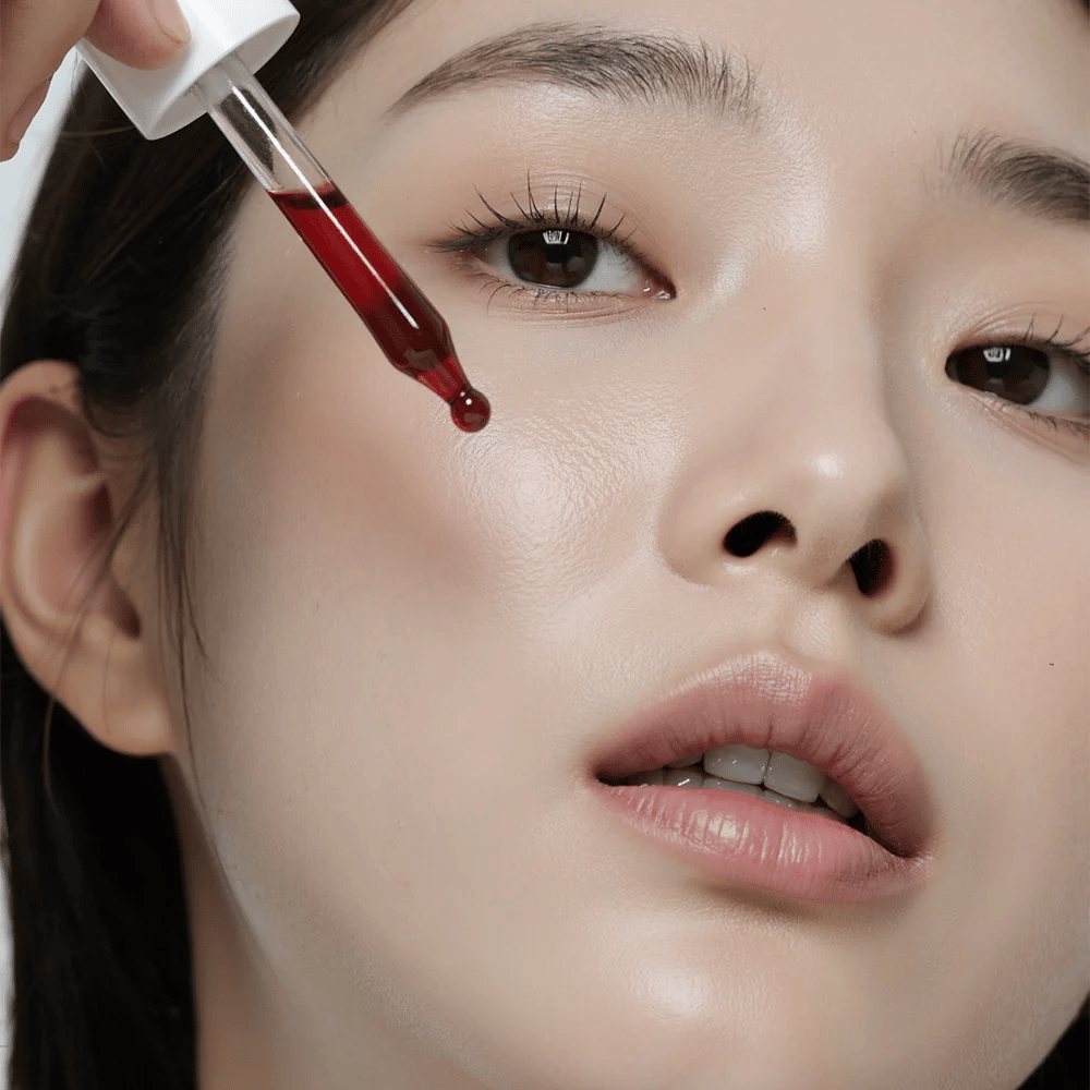 Close-up van een vrouw met gladde huid die Heimish RX AHA BHA 30% Peeling Serum aanbrengt met een pipet, waarbij een rode druppel op het punt staat haar wang te raken.