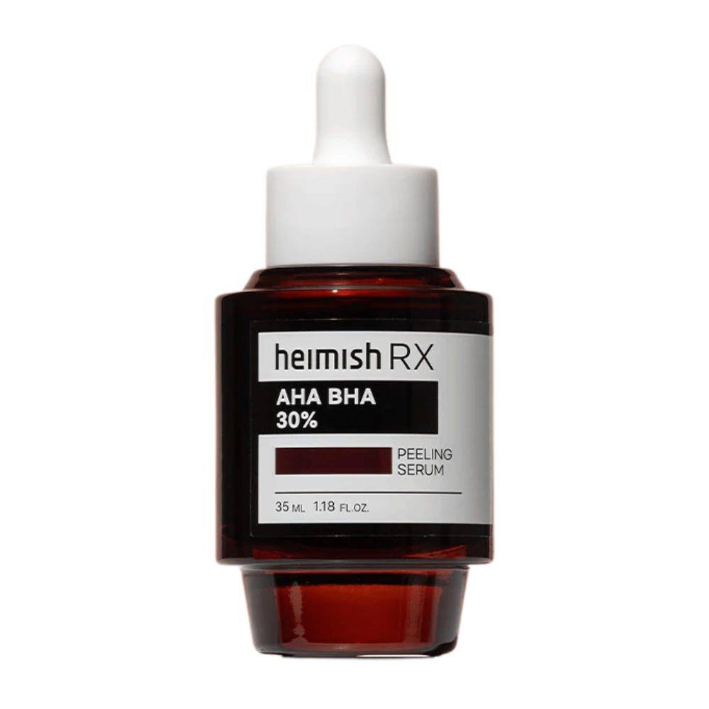 Heimish RX AHA BHA 30% Peeling Serum in een donkerrode glazen fles met pipet, ontworpen voor exfoliatie en verbeterde huidtextuur.