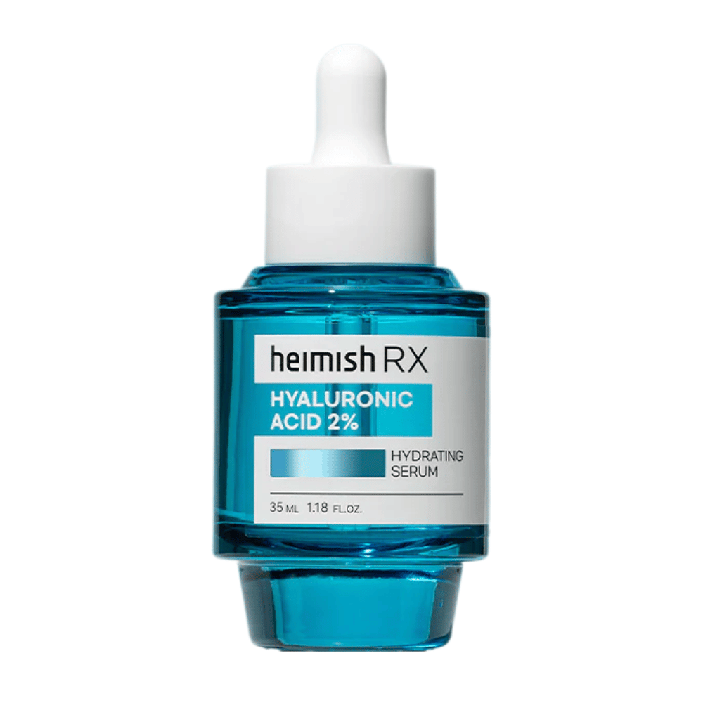 Heimish RX Hyaluronic Acid 2% Hydrating Serum in een blauwe glazen fles met pipetdop, ontworpen voor intensieve hydratatie van de huid.