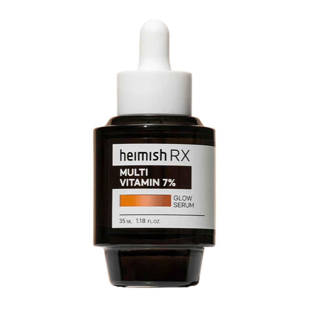 Heimish RX Multi Vitamin 7% Glow Serum in een donkere glazen fles met pipetdop, ontworpen om de huid te laten stralen en te voeden.