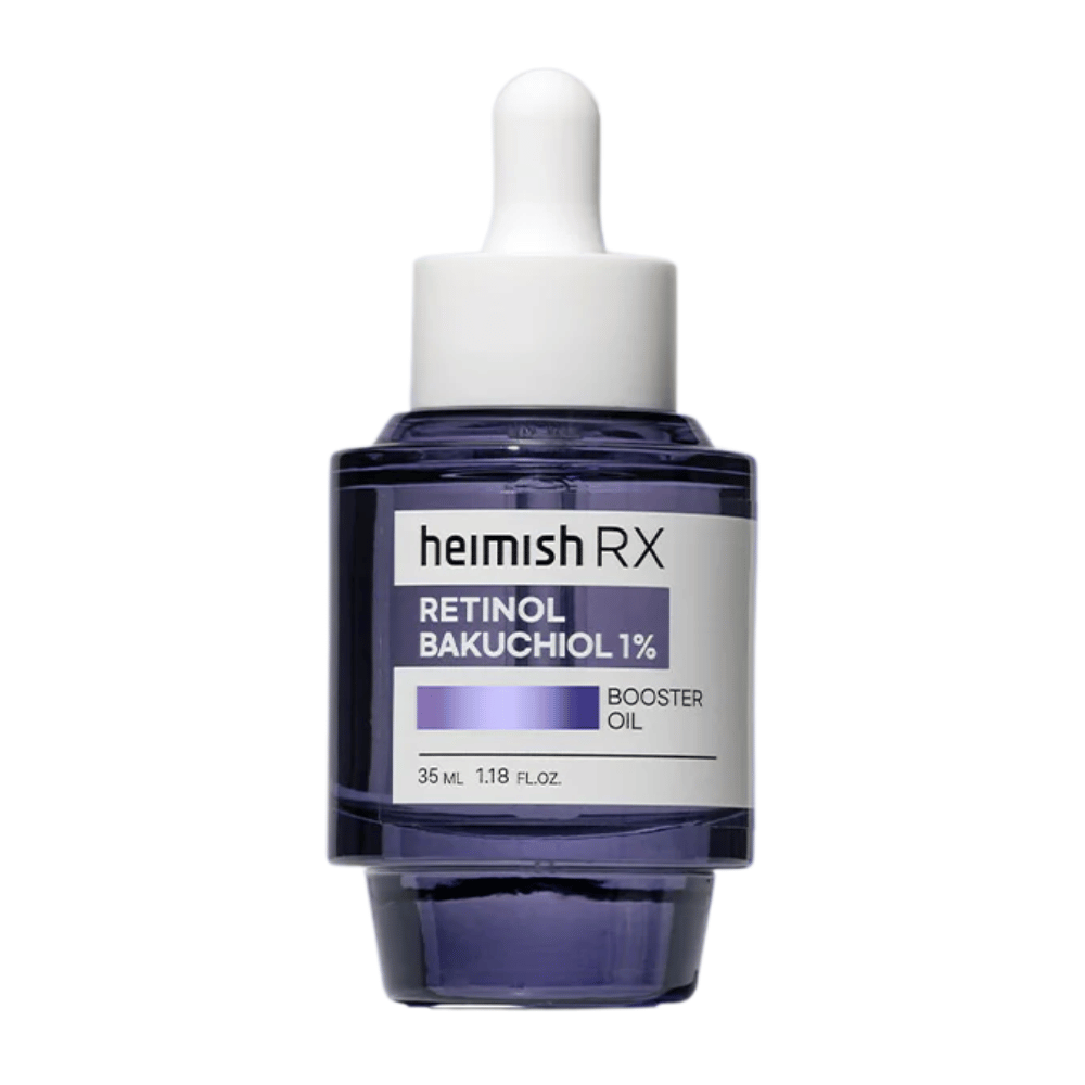 Heimish RX Retinol Bakuchiol Booster Oil in een elegante paarse glazen fles met pipet, ontworpen om de elasticiteit van de huid te verbeteren en fijne lijntjes te verminderen.