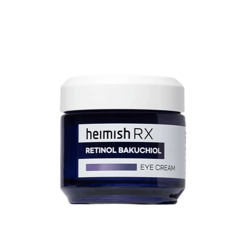 Heimish RX Retinol Bakuchiol Eye Cream in een donkerblauwe pot met een wit deksel. Een oogcrème verrijkt met retinol en bakuchiol voor een gladdere en stevigere huid rond de ogen.