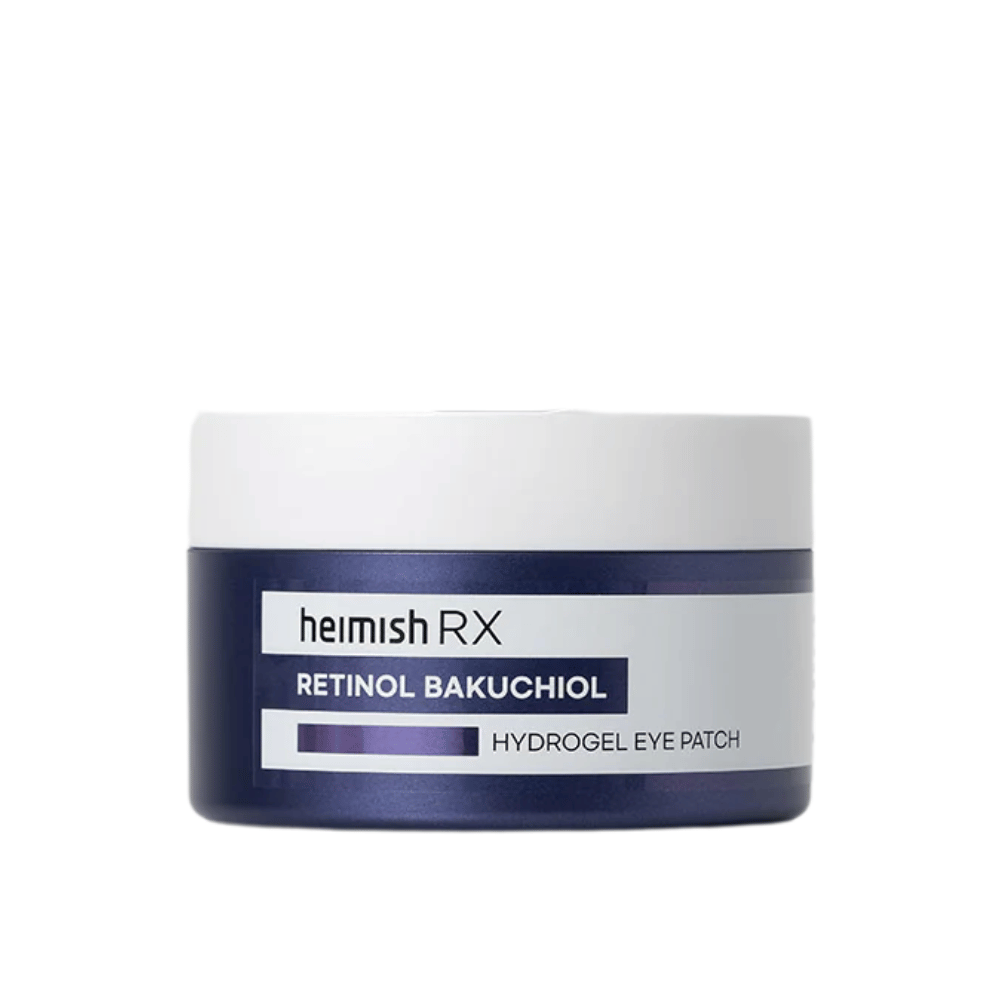 Heimish RX Retinol Bakuchiol Hydrogel Eye Patch in een donkerblauwe pot met een witte deksel. Intensief hydraterende en verstevigende ooglapjes voor een jeugdiger uiterlijk.