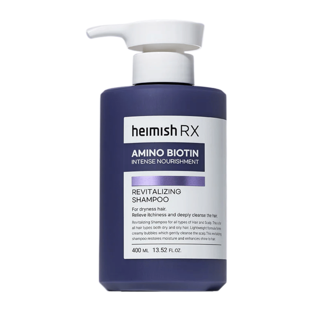Heimish RX Amino Biotin Revitalizing Shampoo 400 ml – voedende shampoo voor droog en futloos haar, met biotine en aminozuren om het haar en de hoofdhuid te versterken en te hydrateren.