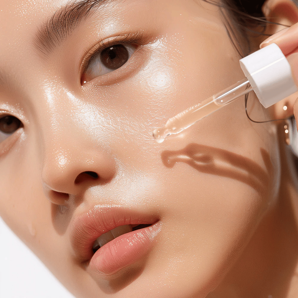 Close-up van een persoon met stralende huid die Heimish RX Retinol Bakuchiol Booster Oil aanbrengt met een pipet. De olie wordt voorzichtig op de wang gedruppeld voor intensieve hydratatie en voeding.