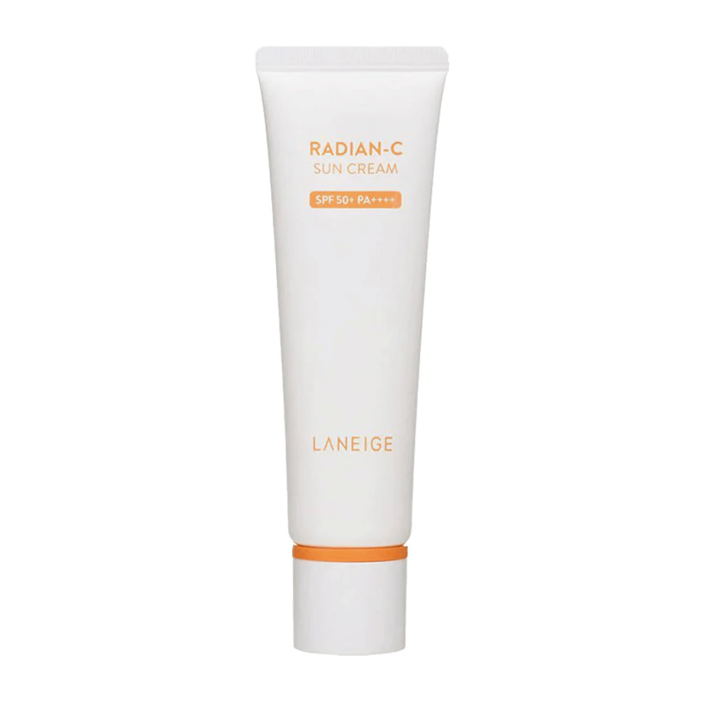 LANEIGE Radian-C Sun Cream SPF 50+ PA++++ in witte tube met oranje tekst, vrijstaand tegen witte achtergrond.