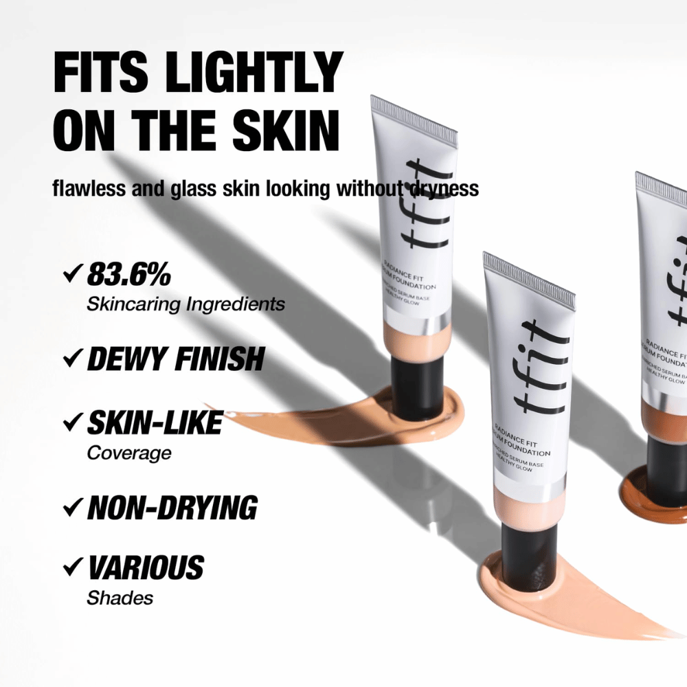 Tubes van TFIT Radiance Fit Serum Foundation geplaatst bovenop foundationcrème met tekst die de eigenschappen van het product benadrukt, inclusief hydraterende ingrediënten, dauwachtige finish en huidachtige dekking.