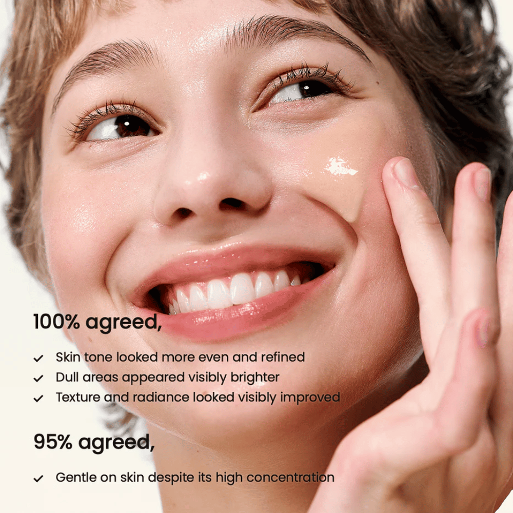 Vrouw brengt Biodance Radiant Vita Niacinamide Serum aan op het gezicht voor een egale huidtint, verhoogde glans en verbeterde huidstructuur