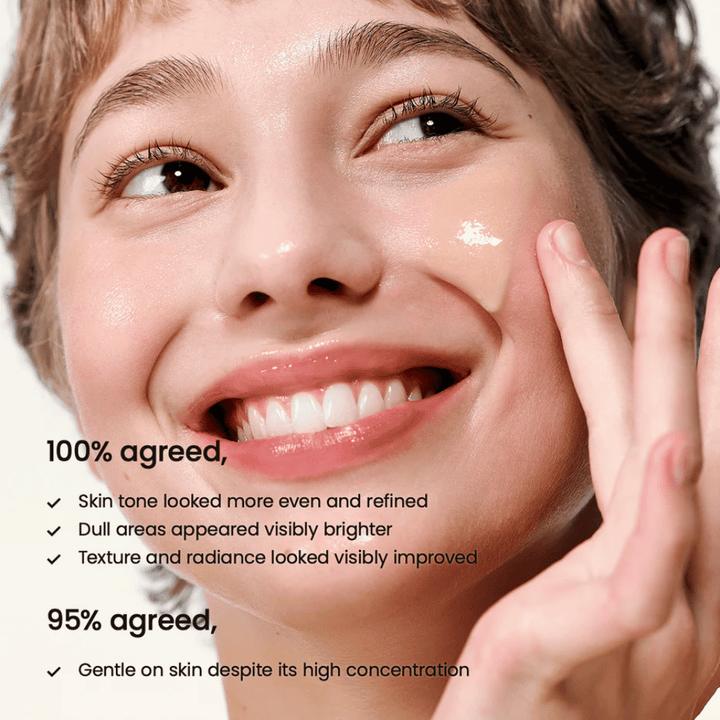 Vrouw brengt Biodance Radiant Vita Niacinamide Serum aan op het gezicht voor een egale huidtint, verhoogde glans en verbeterde huidstructuur