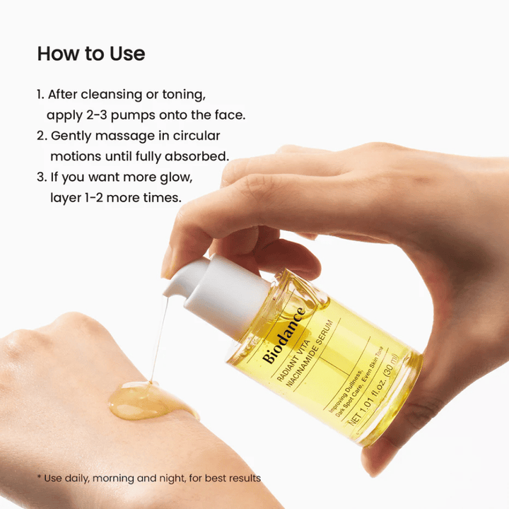 Biodance Radiant Vita Niacinamide Serum wordt op de hand aangebracht – hoe je het serum gebruikt na reiniging voor een egalere huidtint en glans