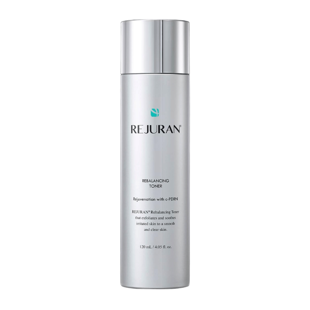 Rejuran Rebalancing Toner 120 ml, balancerende gezichtstoner met C-PDRN in een zilverkleurige fles met glanzende dop tegen een witte achtergrond.