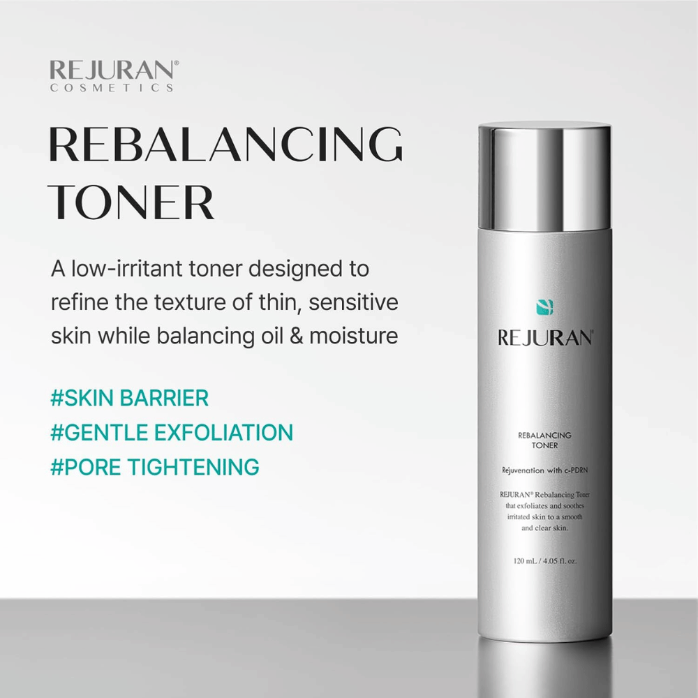 Rejuran Rebalancing Toner 120 ml, mild exfoliërende gezichtstoner met C-PDRN voor de gevoelige huid. Zilverkleurige fles met productvoordelen.