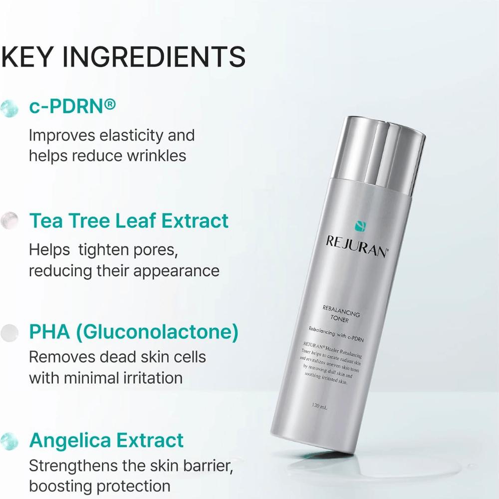 Rejuran Rebalancing Toner 120 ml met C-PDRN, tea tree-extract, PHA en engelwortelextract. Zilverkleurige fles met ingrediëntoverzicht.