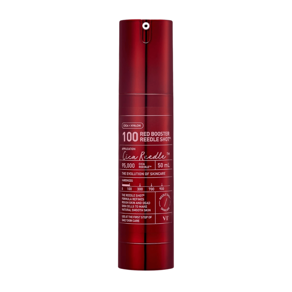 VT Cosmetics Red Booster Reedle Shot 100 microneedling-serum in rode fles op witte achtergrond, 50 ml, ontwikkeld voor exfoliatie, huidvernieuwing en verbeterde absorptie in de huidverzorgingsroutine.