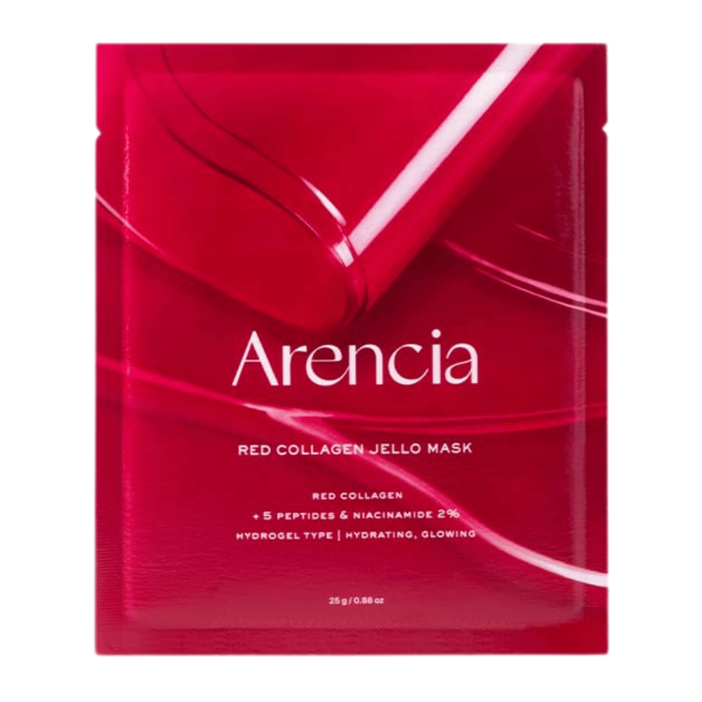 Close-up van Arencia Red Collagen Jello Mask die de gelachtige consistentie en serumrijke masker voor intensieve collageenverzorging toont.