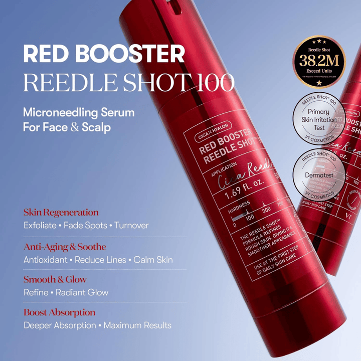 VT Cosmetics Red Booster Reedle Shot 100 microneedling-serum voor gezicht en hoofdhuid, ontworpen voor huidvernieuwing, verhoogde absorptie, anti-aging effect, egalere huidtint en natuurlijke glans.