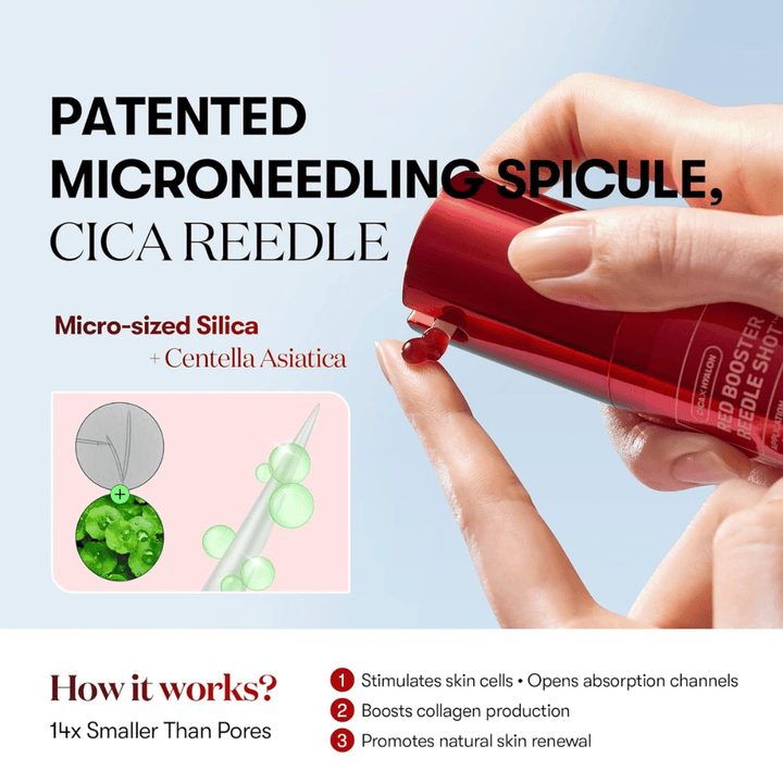 Close-up van VT Cosmetics Red Booster Reedle Shot 100 die gepatenteerde microneedling-spicule met CICA Reedle, microscopische silica en Centella Asiatica toont die huidvernieuwing en collageen stimuleert.