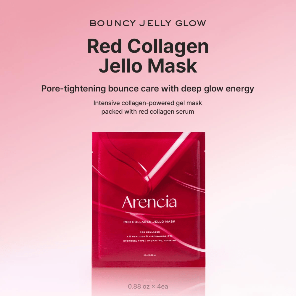 Arencia Red Collagen Jello Mask in originele verpakking – Koreaanse hydrogelmasker met rood collageen en peptiden voor een volle, gehydrateerde en stralende huid.