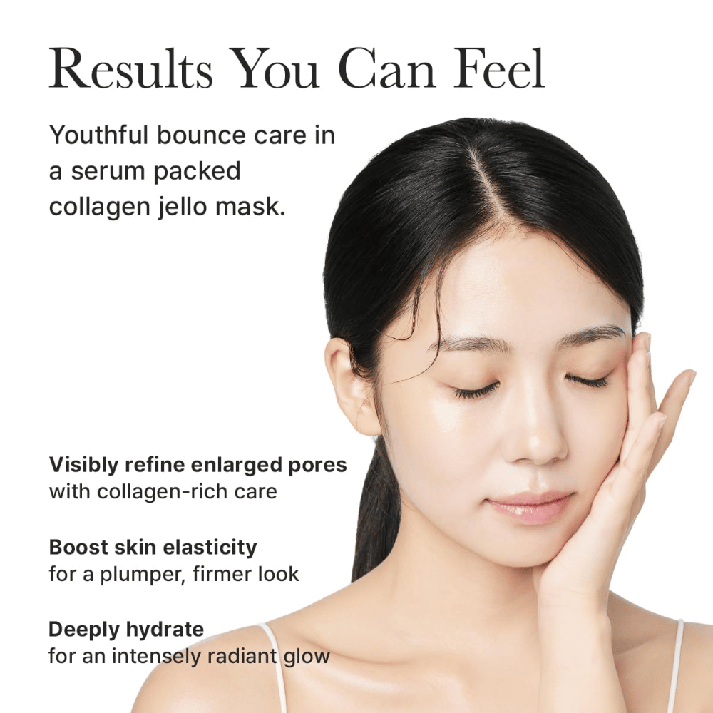 Resultaten van Arencia Red Collagen Jello Mask – zichtbaar stevigere huid, verbeterde elasticiteit, geminimaliseerde poriën en intense hydratatie met glans.