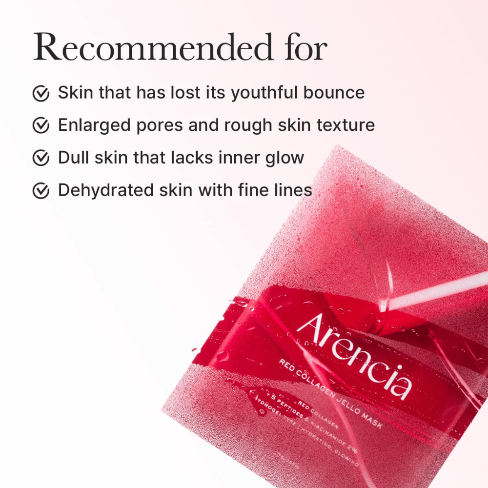 Arencia Red Collagen Jello Mask wordt aanbevolen voor vermoeide huid, vergrote poriën, ongelijke huidstructuur en uitgedroogde huid met fijne lijntjes.