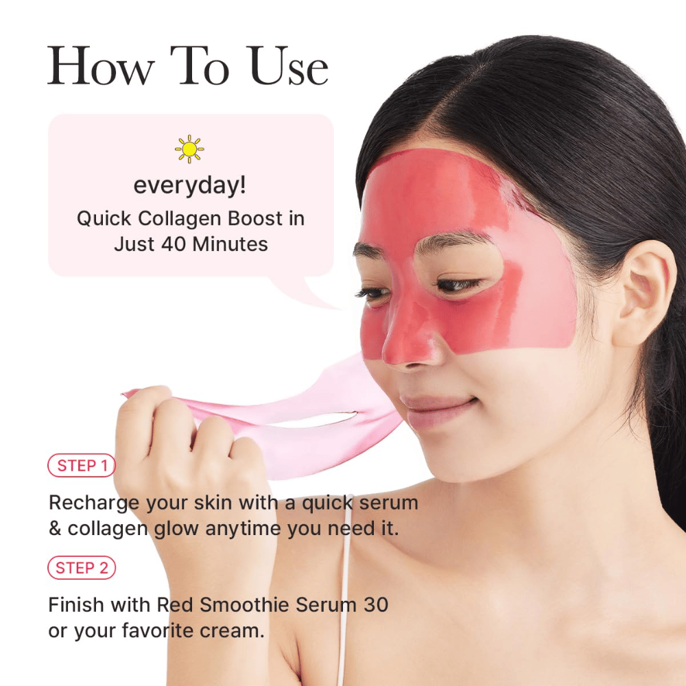Hoe je Arencia Red Collagen Jello Mask overdag gebruikt – snelle collageenboost in 40 minuten voor een stevigere huid, verbeterde glans en soepelere huidstructuur.