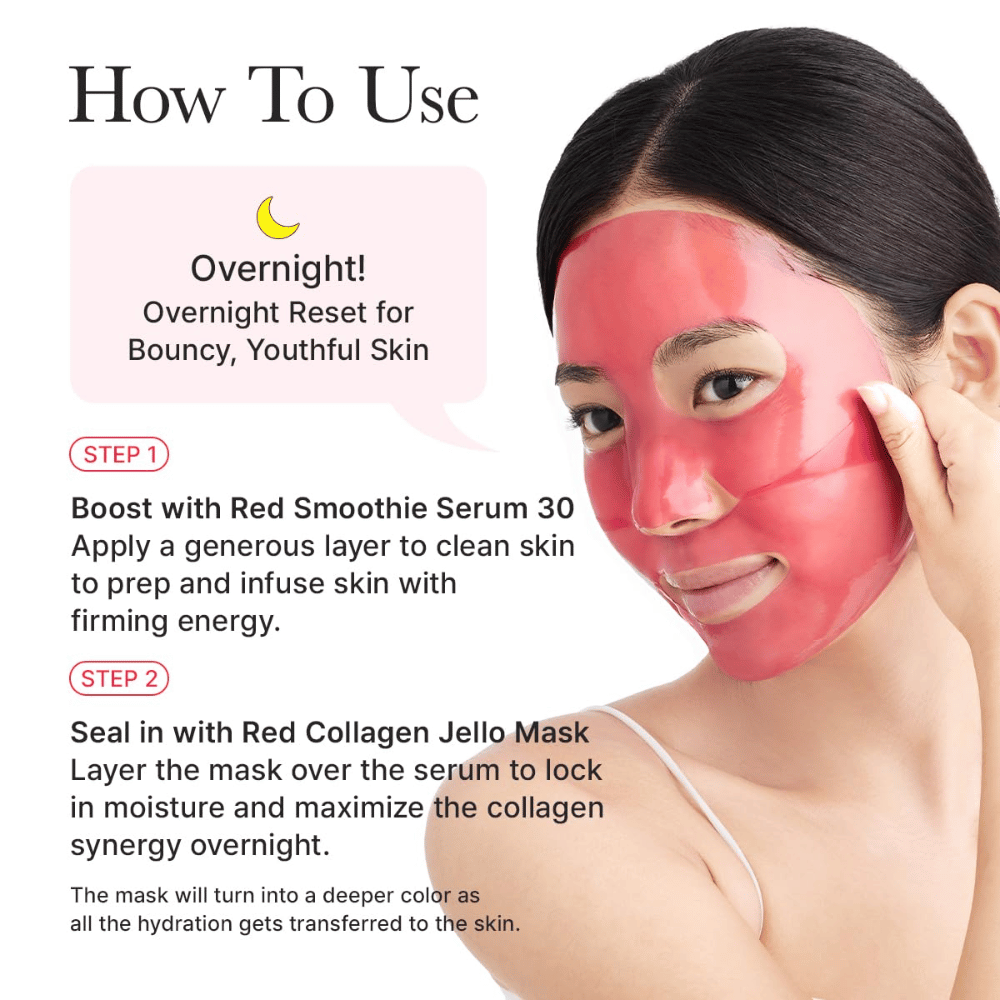 Gebruiksaanwijzing voor Arencia Red Collagen Jello Mask als nachtmasker – aanbrengen na serum voor stevigheid, diepe hydratatie en jeugdige huid gedurende de nacht.