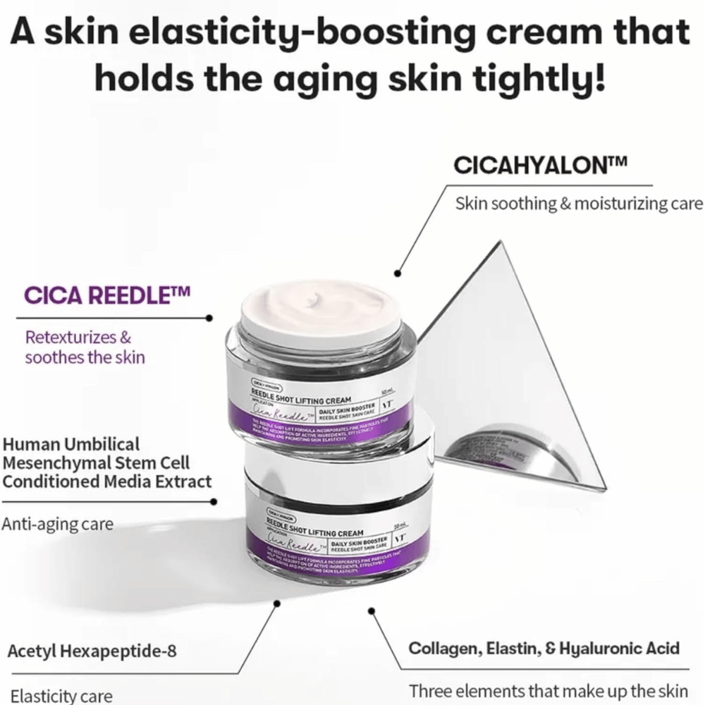 VT Cosmetics Reedle Shot Lifting Cream gezichtscrème met Cica Reedle die de elasticiteit van de huid verbetert, hydrateert en zorgt voor een stevigere huid.