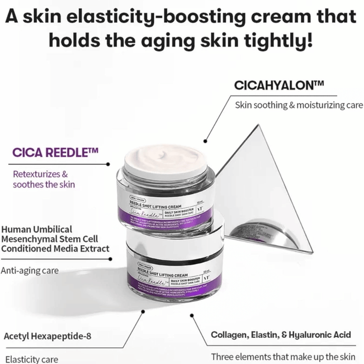 VT Cosmetics Reedle Shot Lifting Cream gezichtscrème met Cica Reedle die de elasticiteit van de huid verbetert, hydrateert en zorgt voor een stevigere huid.
