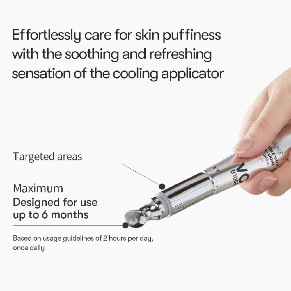 VT Reedle Shot Vita-Light Eye Cream met een verkoelende applicator die zwelling vermindert en een verfrissend gevoel geeft bij gebruik rond de ogen.