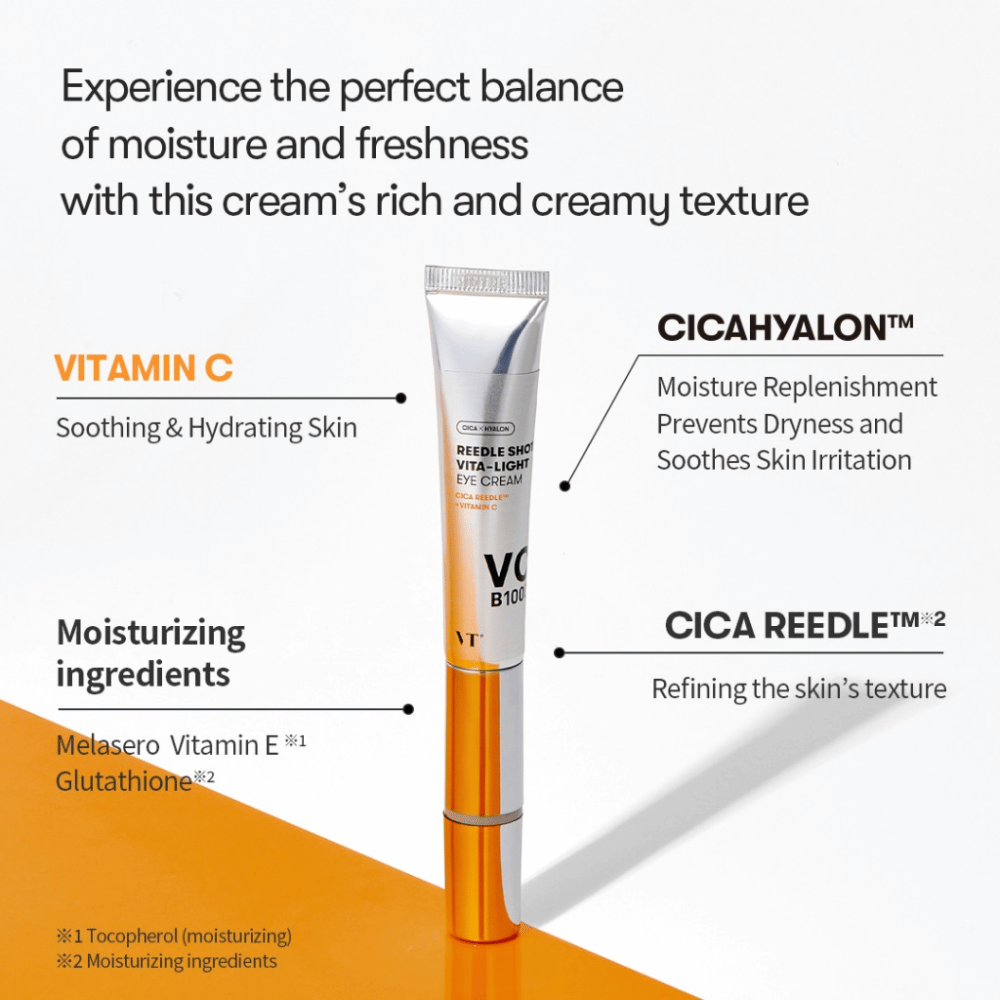 VT Reedle Shot Vita-Light Eye Cream met vitamine C, E en CICA-complex - oogcrème in een metalen tube die hydrateert, kalmeert en de huidstructuur verbetert.