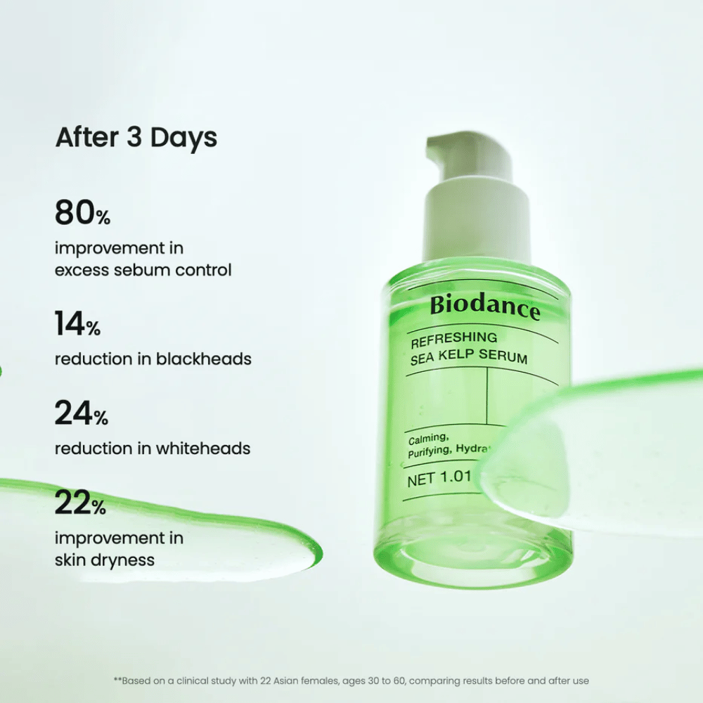 Resultaat na 3 dagen met Biodance Sea Kelp Serum – verminderde talgproductie en gereduceerde mee-eters.