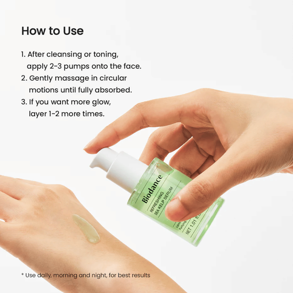 Biodance Refreshing Sea Kelp Serum wordt op de hand aangebracht – kalmerend en talgregulerend serum met zeewier.