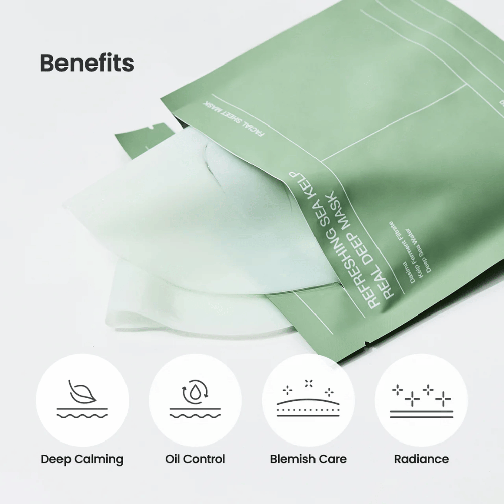 Voordelen van Refreshing Sea Kelp Real Deep Mask:
🌿 Diep kalmerend effect
💧 Oliecontrole
✨ Vlekkenverzorging
🌟 Glans en stralende huid