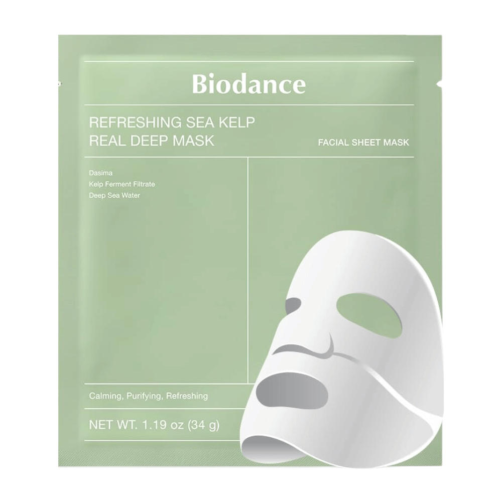 Biodance Refreshing Sea Kelp Real Deep Mask – een kalmerend en hydraterend gezichtsmasker met gefermenteerd kelp en diepzeewater. Reinigt, balanceert en geeft de huid een frisse glans.