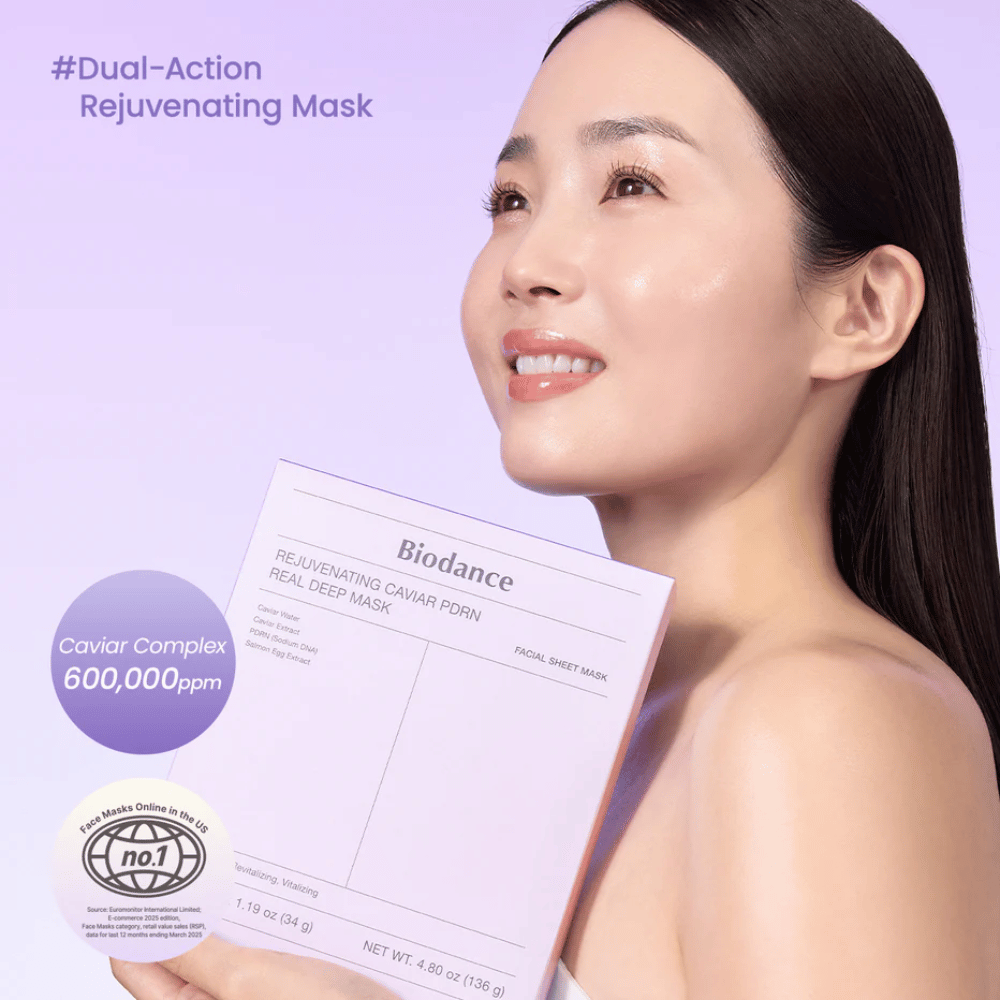 Productafbeelding van Biodance Rejuvenating Caviar PDRN Real Deep Mask – paarse Sheet mask-verpakking met kaviaar, PDRN en hydraterende formule