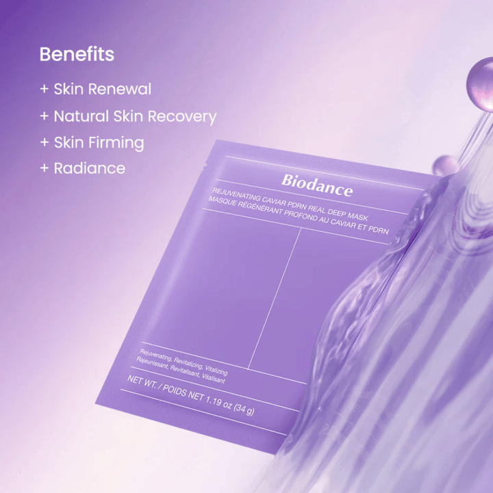 Biodance Rejuvenating Caviar PDRN Real Deep Mask op model met natuurlijke glans en zichtbare glow na gebruik