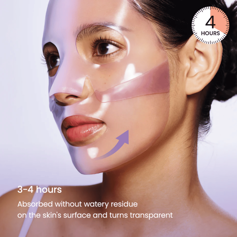 Biodance Rejuvenating Caviar PDRN Real Deep Mask aangebracht op het gezicht – gelmasker dat absorbeert en na 3–4 uur transparant wordt