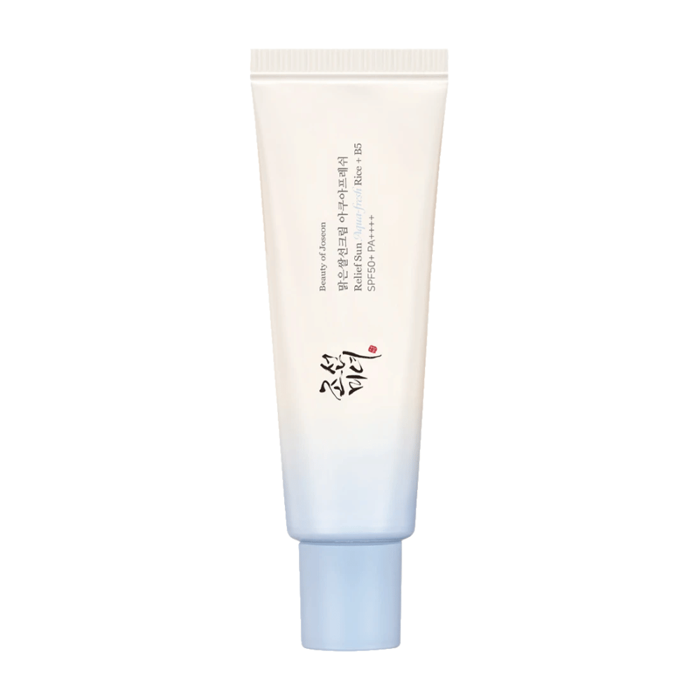 Beauty of Joseon Relief Sun: Aqua-Fresh Rice + B5, zonnebrandcrème met SPF 50+ PA++++. Een lichte en hydraterende formule die de huid beschermt tegen UV-straling terwijl het verzorgt met rijstextract en vitamine B5.