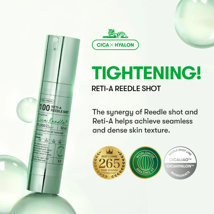 Productafbeelding van VT Reti-A Reedle Shot 100 met de nadruk op verstevigend effect, Cica en Hyalon die zorgen voor een egalere, strakkere en meer elastische huid.