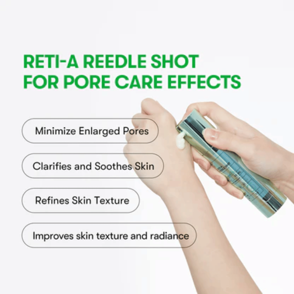 VT Reti-A Reedle Shot aangebracht op de hand, toont de textuur van het serum en het effect om poriën te minimaliseren, de huid te kalmeren en de huidglans te verbeteren.