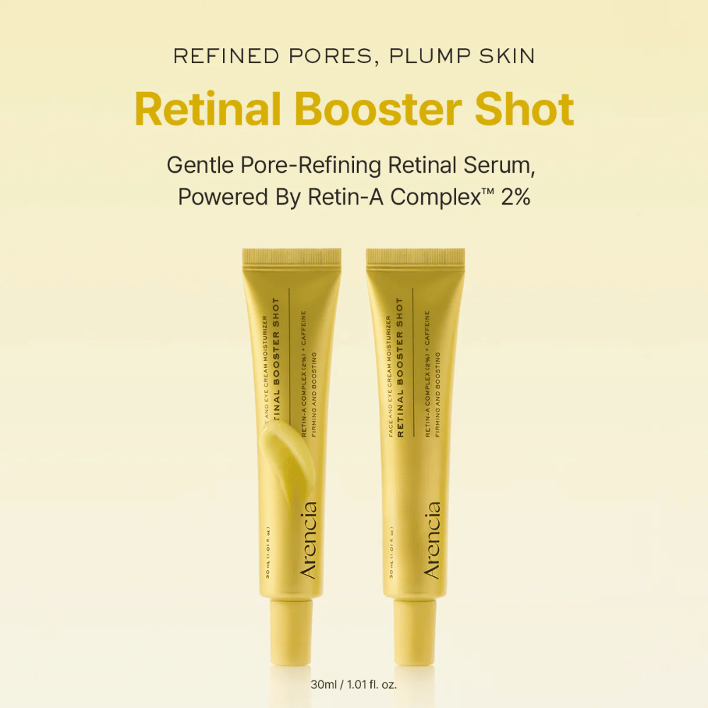 Productpresentatie van Arencia Retinal Booster Shot 2%, mild retinalserum voor verfijnde poriën, vollere huid en gelijkmatigere huidstructuur.
