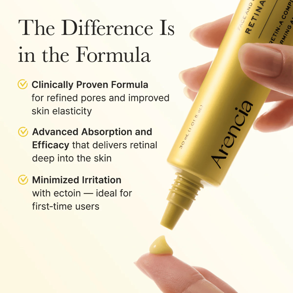 Close-up van Arencia Retinal Booster Shot die de formule en voordelen toont, zoals klinisch bewezen effect, verbeterde absorptie en minimale irritatie.