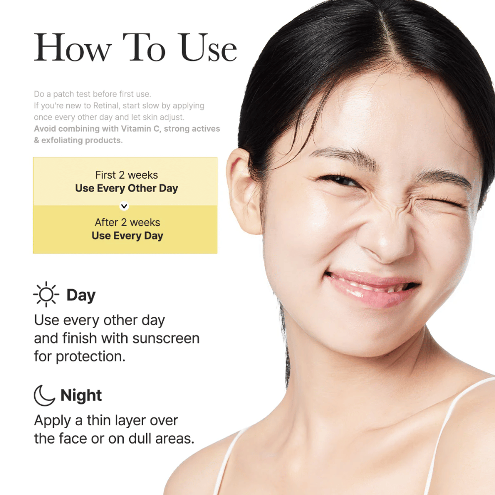 Instructieafbeelding voor Arencia Retinal Booster Shot met aanbevolen gebruik om de dag gedurende de eerste twee weken en daarna dagelijks, dag- en nachtroutine voor retinal.