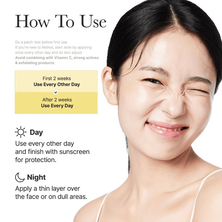 Instructieafbeelding voor Arencia Retinal Booster Shot met aanbevolen gebruik om de dag gedurende de eerste twee weken en daarna dagelijks, dag- en nachtroutine voor retinal.