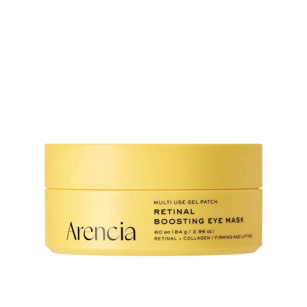 Zuivere productafbeelding van Arencia Retinal Boosting Eye Mask in gele verpakking met minimalistisch ontwerp en focus op verstevigende en hydraterende oogverzorging.