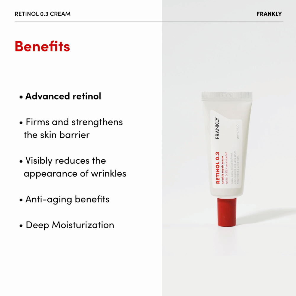 Productafbeelding van FRANKLY Retinol 0.3 Cream met opgesomde Voordelen: geavanceerde retinol, versterkt de huidbarrière en hydrateert diepgaand.