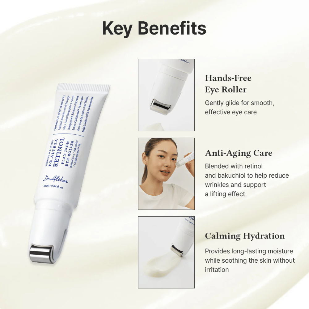 Dr. Althea Retinol Flat Iron Eye Roller met metalen roller voor verkoelend effect, anti-aging eigenschappen en langdurige hydratatie zonder irritatie.